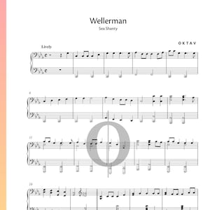 Peut inclure: Partition musicale de "Wellerman", une chanson de marins, avec notation musicale sur fond blanc. Le titre et le compositeur sont en haut. La musique comprend des clés de sol et de fa, avec des notes et des silences. Le mot "Lively" est écrit au-dessus de la première portée.