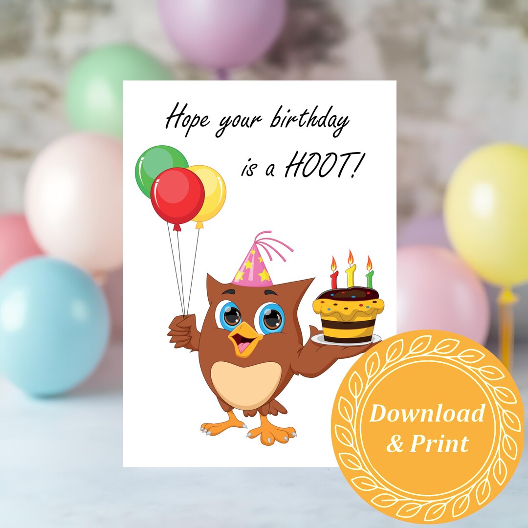Owl Printable Birthday Card Download "hope Your Birthday is a Hoot!" - Etsy