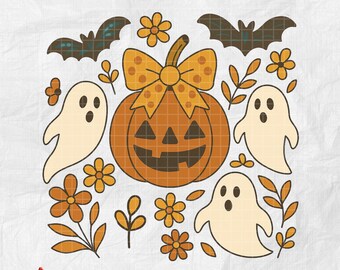 Cute Pumpkin Ghost PNG | Fall Halloween Clipart | Spooky Jack O’Lantern with Bats & Flowers | Instant Digital Download, Too cute to spook