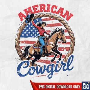 American cowgirl png, Patriotic Western Cowgirl PNG – Vintage Rodeo Girl on Horse with USA Flag – Retro Country Style Digital Download