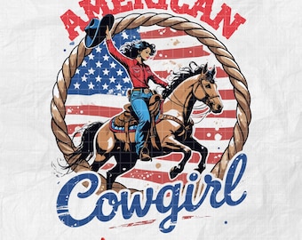 Vintage Cowgirl PNG: Patriotic Rodeo Girl on Horse with USA Flag (Digital Download