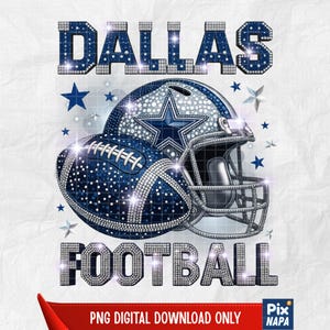 Blue rhinestone football helmet and ball with star design and the word Dallas.