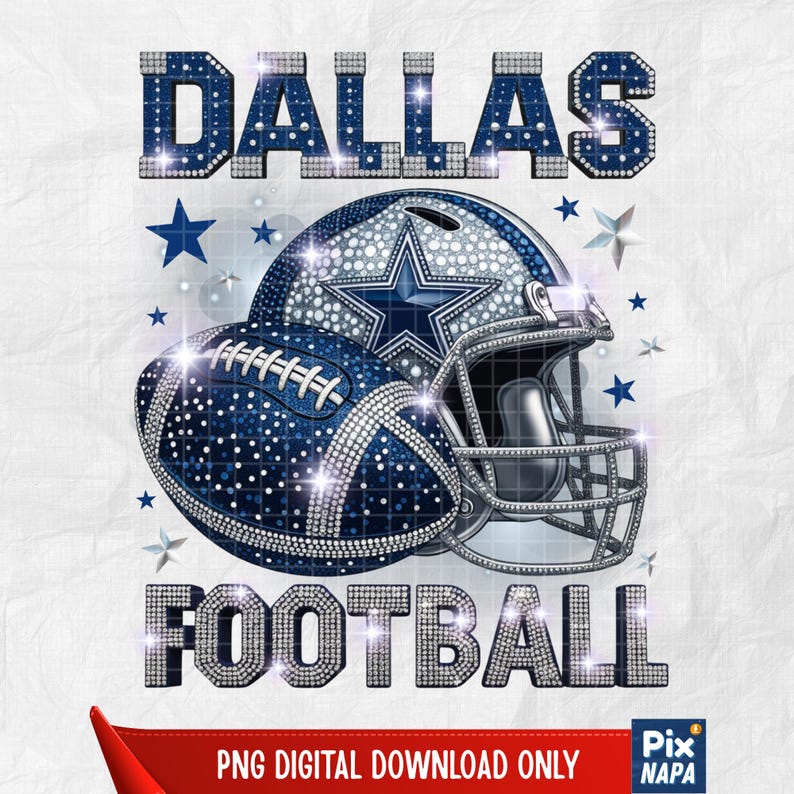 Blue rhinestone football helmet and ball with star design and the word Dallas.