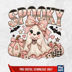 May include: A digital graphic featuring the word SPOOKY in a pink and white plaid and floral pattern. A central ghost character wears a large pink plaid bow and holds a heart. Two pumpkins with floral and plaid accents, bats, and stars surround it.