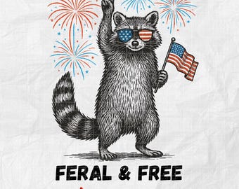 Mapache salvaje y libre, sublimación de animal patriótico vintage, gráfico de fuegos artificiales con la bandera de EE. UU., diseño de camiseta del Día de la Independencia