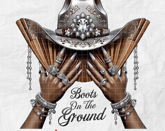 Puede incluir: Gráfico digital de un sombrero de vaquero plateado con detalles de cristal. Manos marrones, adornadas con anillos y pulseras, sostienen un abanico. El texto "Boots On The Ground" se muestra debajo.