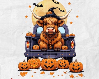 Highland Cow Halloween Truck PNG, Funny Fall Halloween png, Cute Fall Pumpkin Farm Animal Download, Vintage Witch Hat Jack O&#39;Lantern Clipart
