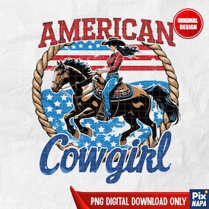 American Cowgirl Riding Horse PNG, Western Rodeo Girl Clipart, 4th of July USA Flag Cowgirl Design for T-Shirt, Sublimation Download