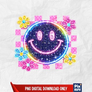 May include: A sparkling smiley face design with a rainbow gradient, surrounded by colorful flowers. The design is set against a pink and white checkered background. The image includes the text "PNG DIGITAL DOWNLOAD ONLY".