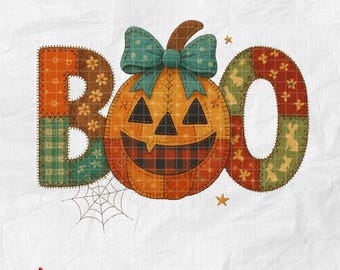 Patchwork Boo Pumpkin PNG, Rustic Halloween Digital Download, Fall Country Quilt Lettering, Cozy Autumn Jack O’Lantern Clipart,Funny Boo png