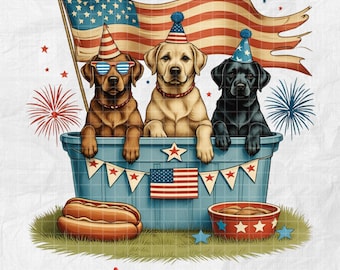 Labrador 4th of July PNG, Patriotic Dog Clipart, USA Vintage Fireworks Design, American Flag Puppy Sublimation for T-Shirts & Mugs