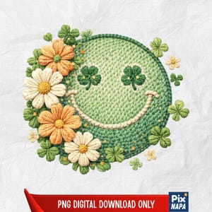 St Patrick Smiley Face Faux Yarn Embroidery PNG, Green Clover Floral Patch Style Design