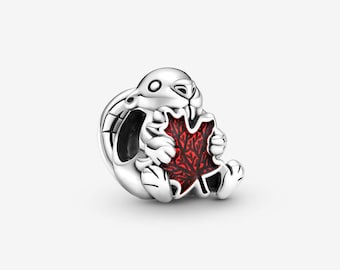 For Pandora Canadian Beaver & Red Maple Leaf Charm Silver Pendant