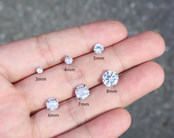 Silver Diamond Ear Studs, Earrings with Screwback, 3-8mm Size Options Are Available, Lady's Ear Studs, Gift For Women, Gift For Mom