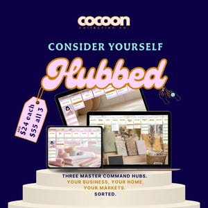 May include: A digital product advertisement featuring the text Cocoon Collection Co., Consider Yourself Hubbed, and Three Master Command Hubs. Your Business, Your Home, Your Markets. Sorted. The image displays three electronic screens showing organizational dashboards with pink and green accents, set against a dark blue background.