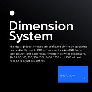 Pode incluir: Um gráfico preto e branco com o texto "Dimension System" em branco. O texto descreve um produto digital que inclui estilos de dimensão pré-configurados para software CAD, como AutoCAD. O texto também indica que o produto permite realizar medições precisas em desenhos em escala de 10, 20, 25, 50, 100, 200, 500, 1000, 2000, 2500 e 5000 sem necessidade de ajustar as configurações. Um botão azul com uma seta branca diz "Comprar agora".