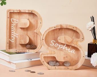 Personalized Large Wooden Kids Letter Piggy Bank, Wood Gift For Kids, Custom Name Coin Bank, Wood Alphabet Letter Bank Money Box Birthday