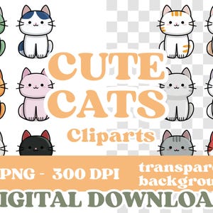 Cute Cat Clipart Set - Kawaii Cats Digital Art, Hand-drawn Illustrations, Printable Cat Designs, Cartoon Cats for Crafts, Stickers, and More