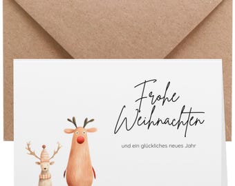 Könnte beinhalten: Eine Weihnachtskarte mit einem braunen Umschlag. Die Karte zeigt zwei Cartoon-Rentiere und den Text "Frohe Weihnachten" und "und ein glückliches neues Jahr" in schwarzer Schrift. Die Rentiere sind in Braun- und Beigetönen gehalten.