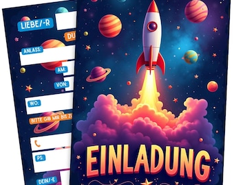 Premium Einladungskarten Kindergeburtstag für Jungen & Mädchen - Rakete - Geburtstagseinladungen Kinder - Zum ausfüllen #74
