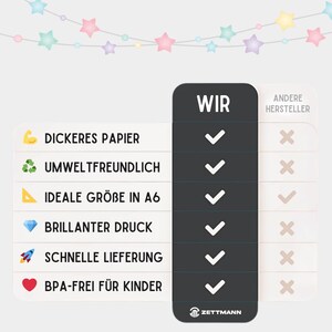 以下が含まれることがあります： 左側に「WIR」（私たち）、右側に「ANDERE HERSTELLER」（他のメーカー）と書かれたドイツ語の比較表。厚手の紙、環境に優しい、理想的なA6サイズ、鮮やかな印刷、迅速な配達、子供向けのBPAフリーなどの機能が強調されています。