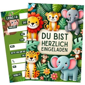 Cartes d'invitation pour anniversaires d'enfants, garçons et filles | Invitations d'animaux drôles | Tigre, Lion, Léopard, Singe, Éléphant | Invitations d'anniversaire