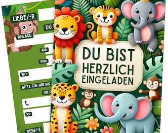 Invitation cards for children's birthdays, boys and girls | Funny animal invitations | Tiger, Lion, Leopard, Monkey, Elephant | Birthday invitations