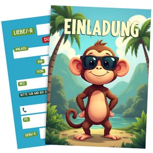Cartes d'invitation premium pour anniversaires d'enfants, garçons et filles - Carte d'anniversaire animal pour enfants - Singes cool, humour, drôle
