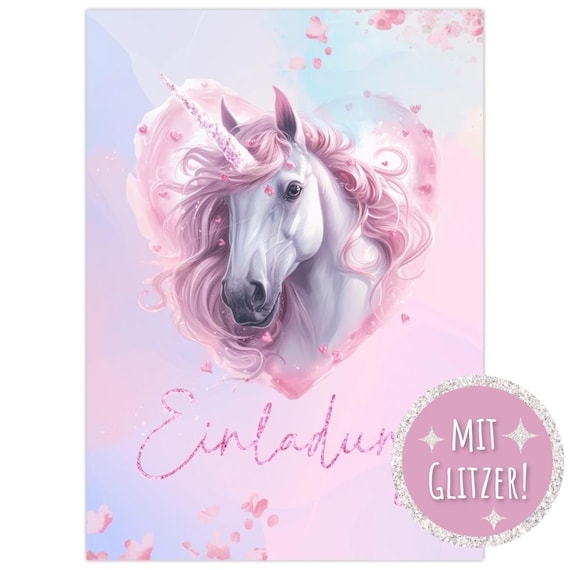 NEU: Geburtstagseinladung Einhorn – Spezial Glitzer Einladungskarten Kindergeburtstag für Jungen & Mädchen – Einhorn Party Einladungen