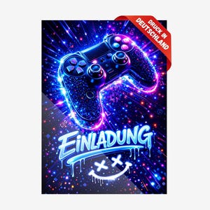 Könnte beinhalten: Eine rechteckige Einladungskarte mit einem leuchtenden Neon-Videospiel-Controller, umgeben von vibrierenden blauen und violetten Lichtstrahlen. Das Wort Einladung steht in blauer Schrift über einem weißen, tropfenden Smiley-Gesicht.