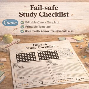 Fail-Safe Study Checklist | Medical Study Planner | Exam Revision Tracker | Printable Template | Canva PDF Download