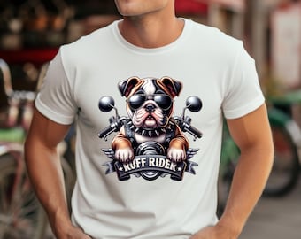 Dog Motorcycle Rider T-Shirt, Ruff Rider Bulldog Graphic Tee