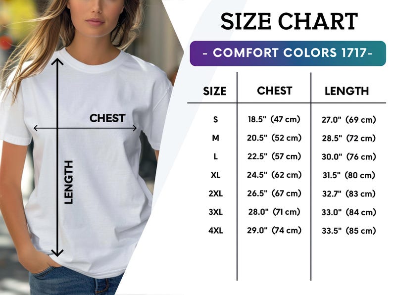 Puede incluir: Una camiseta blanca con una tabla de tallas. La tabla muestra las medidas de pecho y largo en cent&iacute;metros para las tallas S a 4XL. La camiseta est&aacute; siendo modelada.