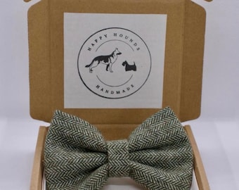 Handmade Green Tweed Dog Bow Tie: Herringbone Countryside Accessory