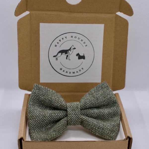 Handmade Green Tweed Dog Bow Tie: Herringbone Countryside Accessory