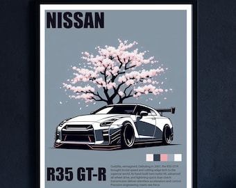 Nissan GT-R Poster: Japandi Cherry Blossom JDM Car Art (Digital Download 8x10" PNG)