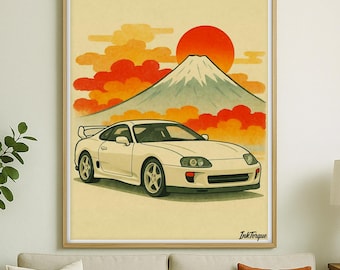 Toyota Supra Sunset Poster: JDM Watercolor Car Print, Garage Art