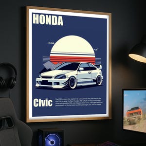 May include: A framed poster featuring a white Honda Civic against a blue backdrop with a stylized sunset. The poster includes the Honda logo and the word "Civic" in white. The text below describes the car's features.