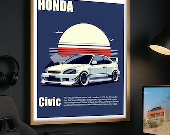Honda Civic Type R Poster: Retro Sunset JDM Car Art (Digital Download, 8x10 PNG