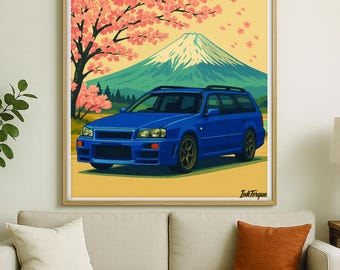Nissan R34 Stegea Japandi Poster: Mount Fuji JDM Car Print