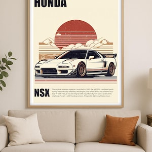 May include: A framed poster depicting a white Honda NSX sports car illustration. The artwork includes the word "HONDA" at the top and "NSX" at the bottom, with a red sun and mountain graphic in the background. The car has gold-coloured wheels.