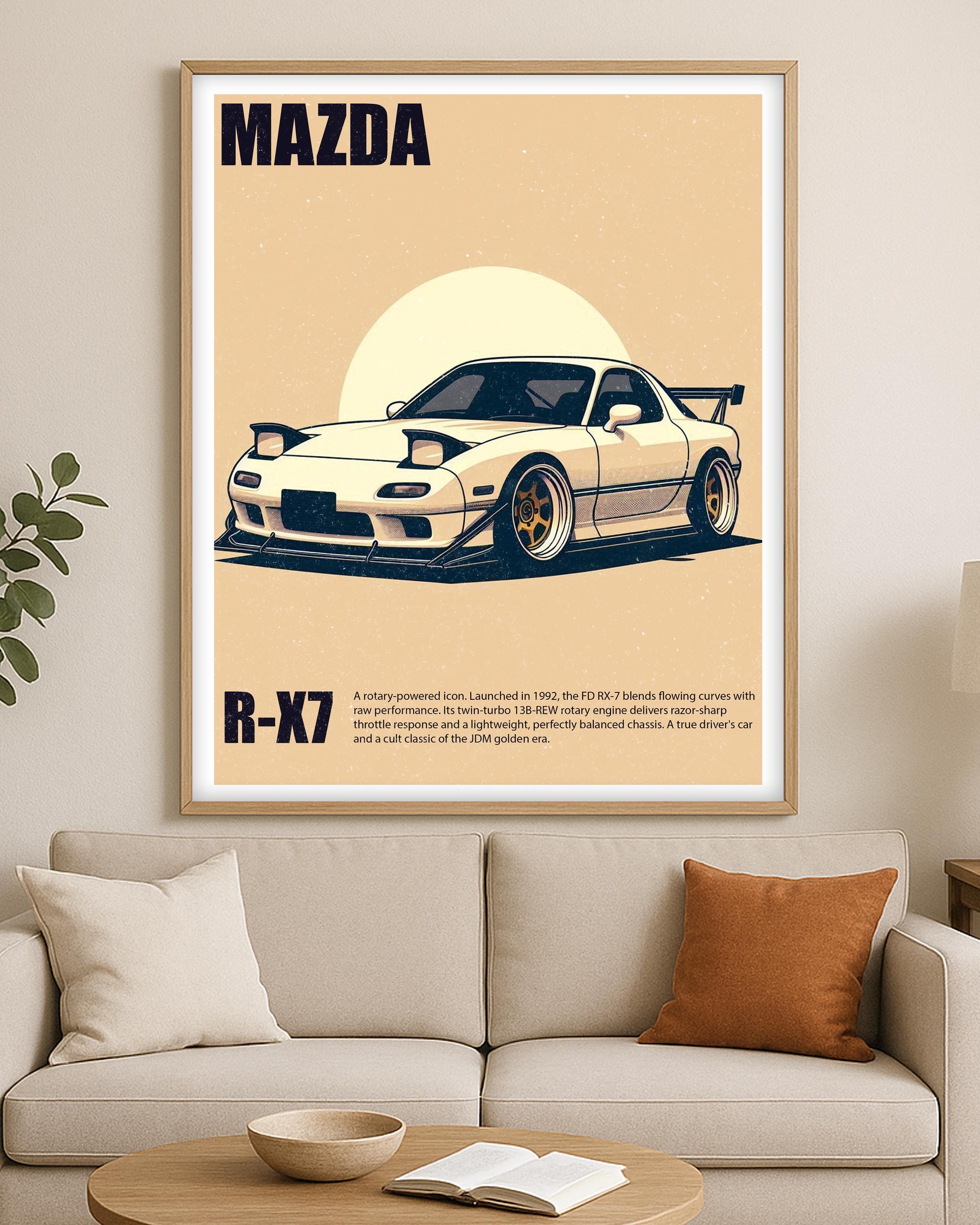 マツダ RX-7 サンセットポスター：ミニマリスト JDM カーアート
