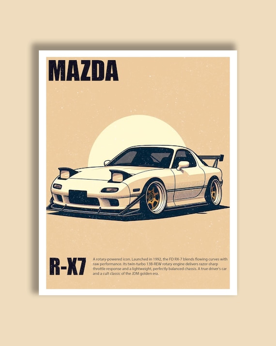 マツダ RX-7 サンセットポスター：ミニマリスト JDM カーアート