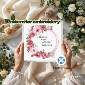 Personligt korsstygnsmönster för bröllop med alfabet, namn och datumbroderi PDF, digital nedladdning av rosa blommor