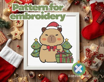Christmas Capybara Cross Stitch Pattern, Kawaii Holiday Design (PDF)