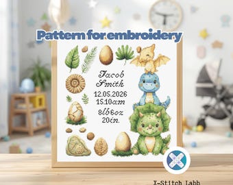 Geboorteaankondiging dinosaurus kruissteekpatroon pdf, gepersonaliseerd decor kinderkamer Dino World, geboortekaart aangepaste naam, instant download