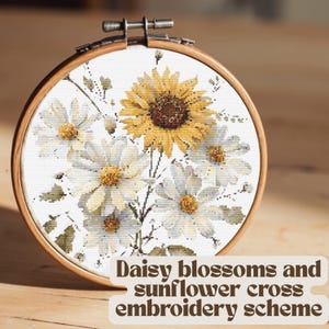 Bloesem kruissteekborduurwerk. Directe download pdf. Handborduurwerk. Natuur kruissteek. Wilde bloemen. Weide. Aquarel. Hamomile.