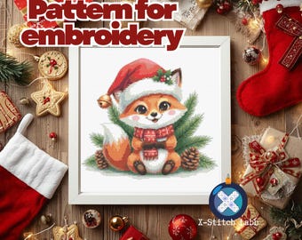 Christmas Fox Cross Stitch Pattern, Winter Animal Embroidery (PDF Pattern)