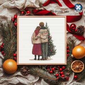 Christmas Couple Cross-Stitch Pattern - Festive Holiday Tree DIY Embroidery Design,Seasonal Cross-Stitch Chart Christmas Needlepoint Pattern