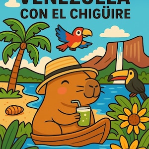 Może przedstawiać: Kolorowa ilustracja z kreskówki z tekstem "COLOREANDO A VENEZUELA CON EL CHIGÜIRE". Przedstawia kapibarę w kapeluszu i z napojem, papugę, tukana, palmę i kwiaty na tle malowniczej scenerii.